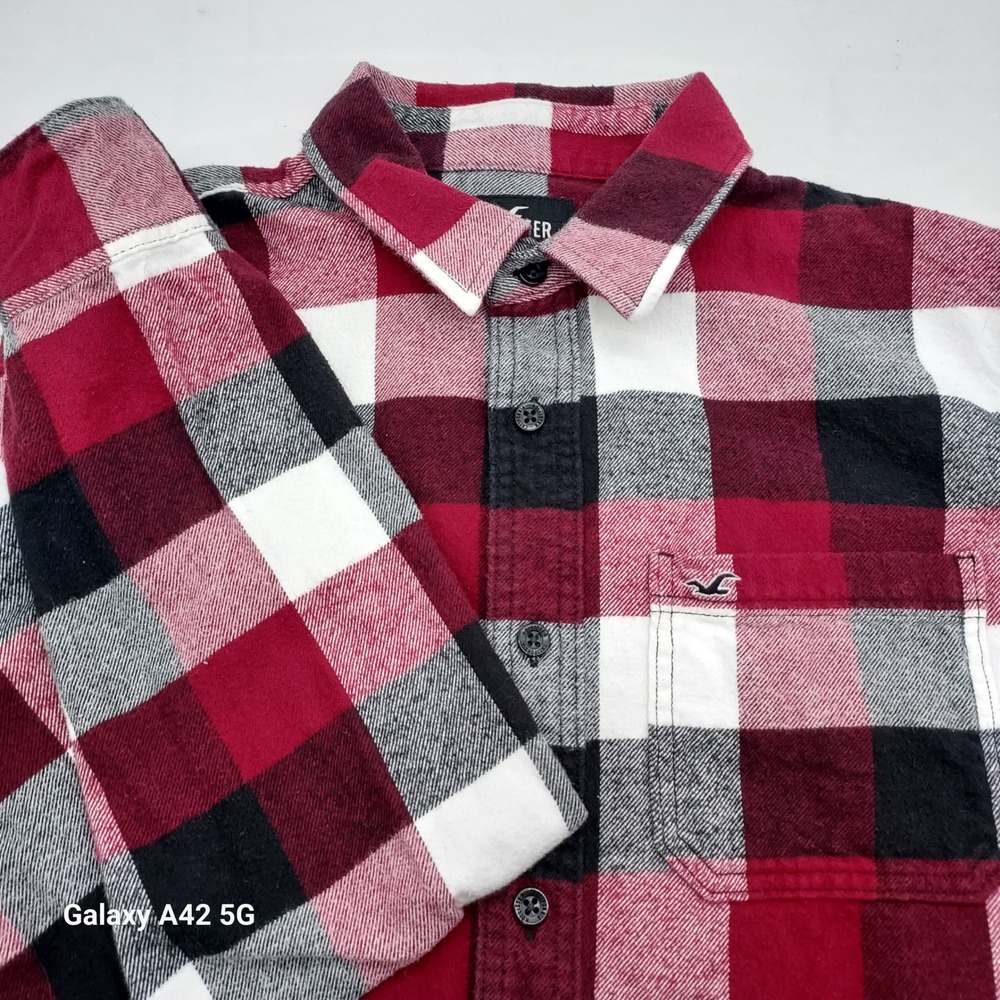 Hollister Mens Red Black White Buffalo Plaid Flannel Button Down Shirt Large